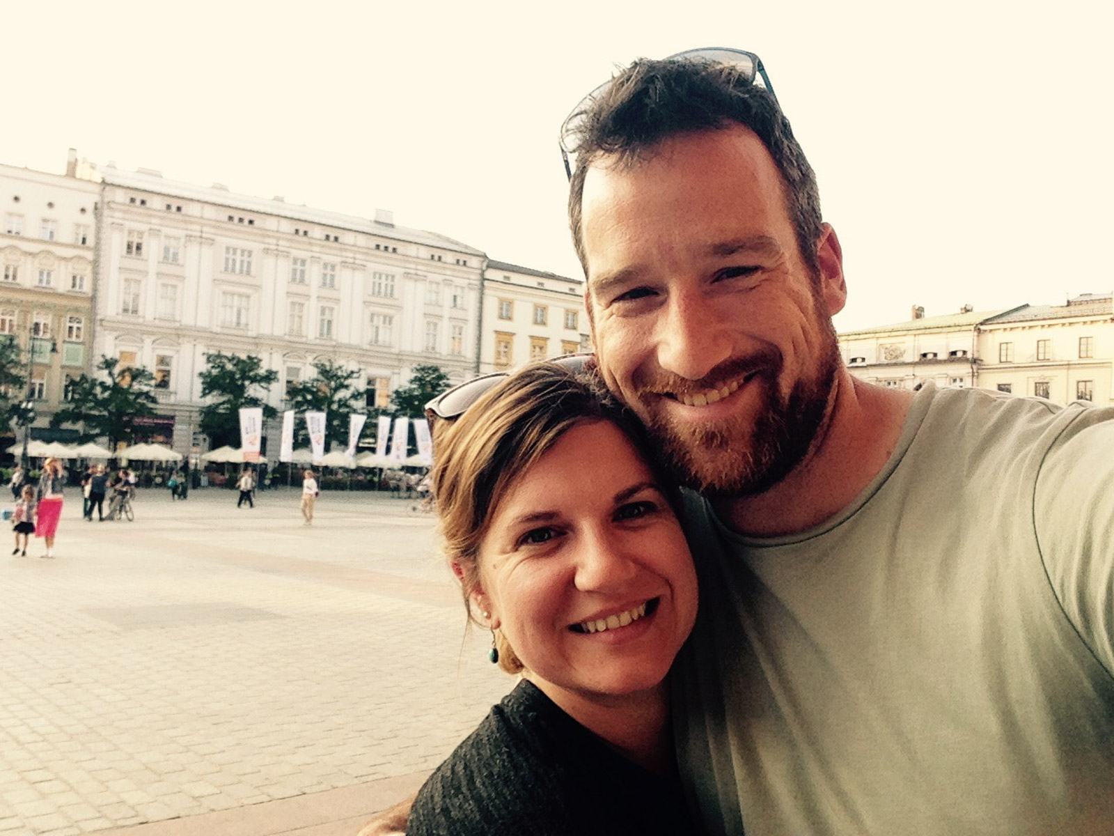 Peter and Erin in Kraków's Main Market Square in summer