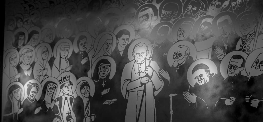 Mural of St. John Paul II and the saints, kings, and heroes of Poland